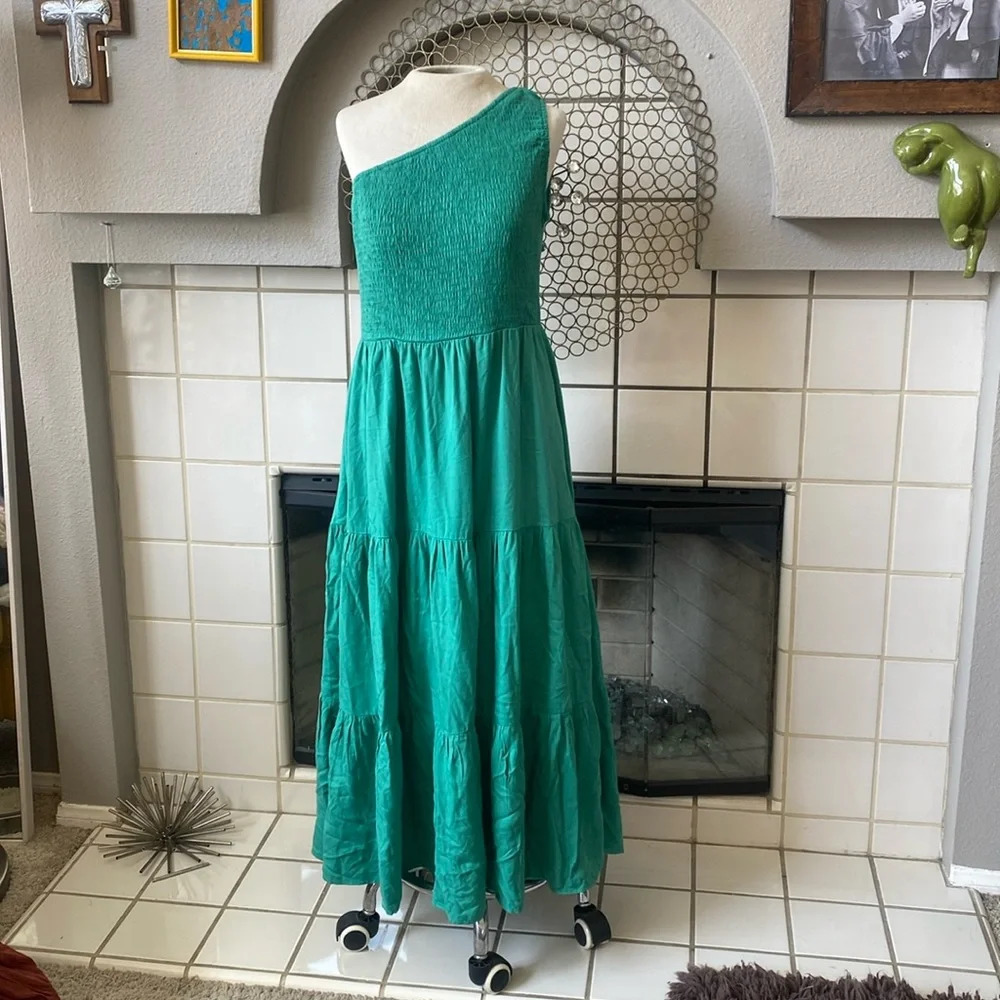 Anrabess one shoulder green midi dress size large ruffle pleated smocked dress